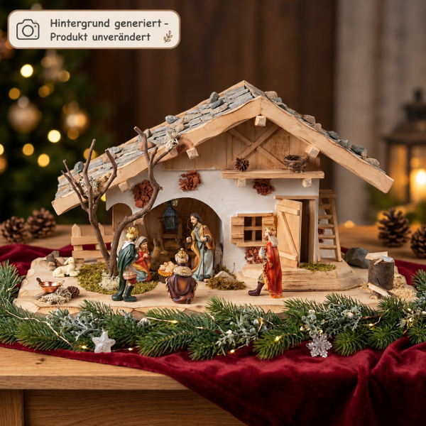 Wunderschöne Weihnachtskrippe Etzelwang inkl. 11- tlg. Figurensatz K132 Maße: ca. 45 x 20 x 22 cm